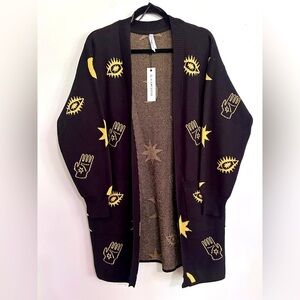 Black Friday Open Front Cardigan Women’s Size Medium Gold Eye Hand Print Sweater